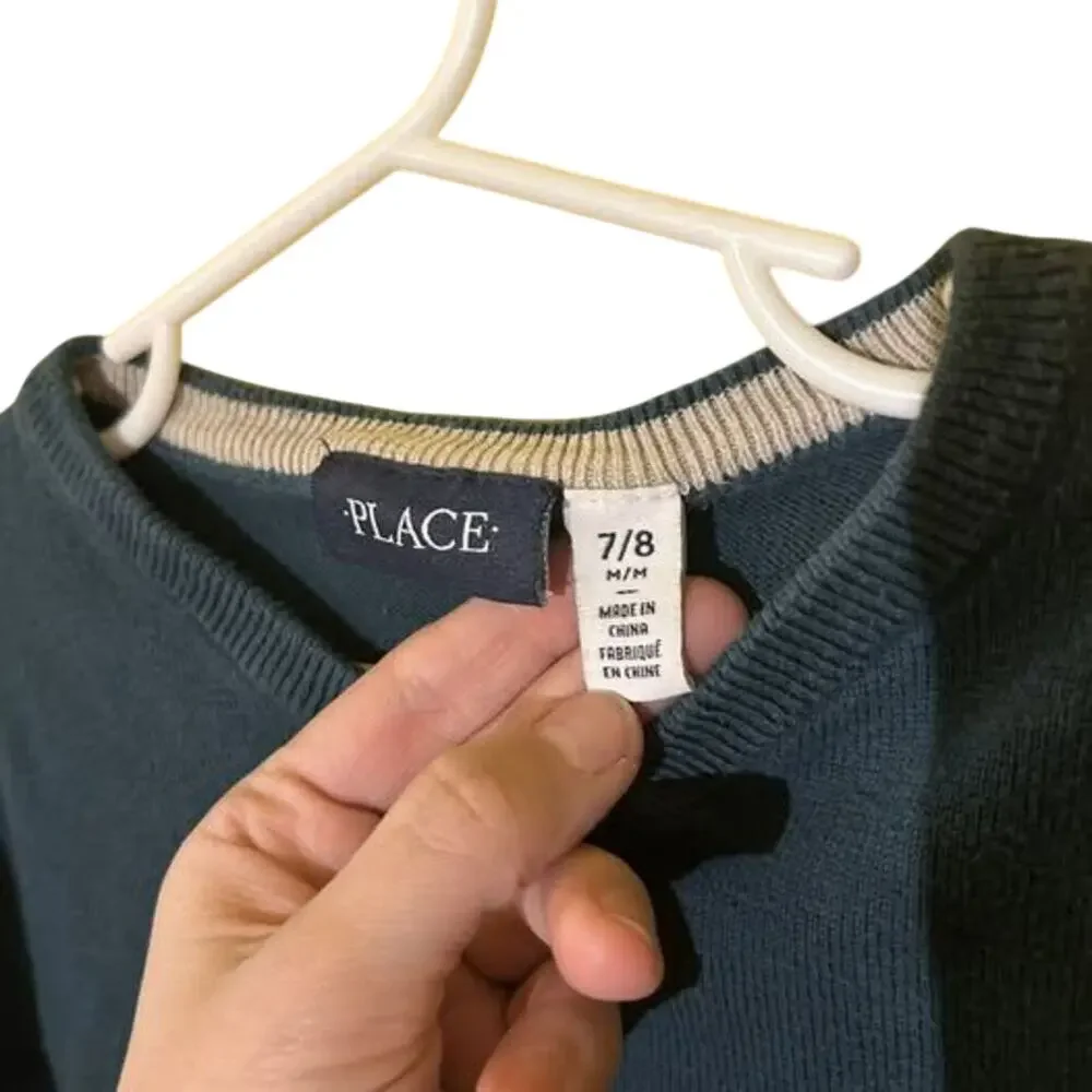 The Children's Place Boys Sweater 7/8 Teal V-Neck Cotton School Uniform Classic
